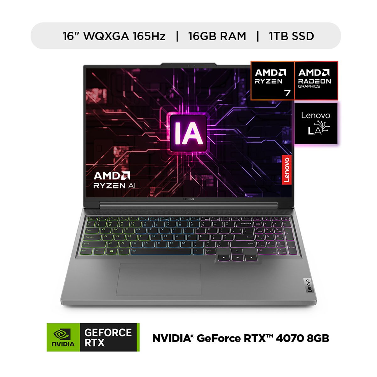 LENOVO - Gamer AMD Ryzen 7 RTX4070 16GB 1TB SSD Legion Slim 5 Serie 8000 16" WQXGA 165 Hz