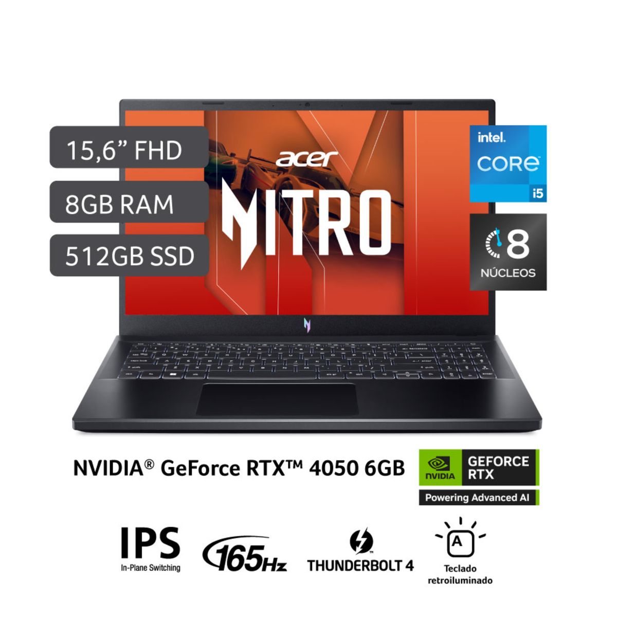 ACER - Laptop Gamer Acer Intel Core I5 Rtx4050  8gb 512sd  W11 165hz  Nitro 15.6" 13° Va Gen