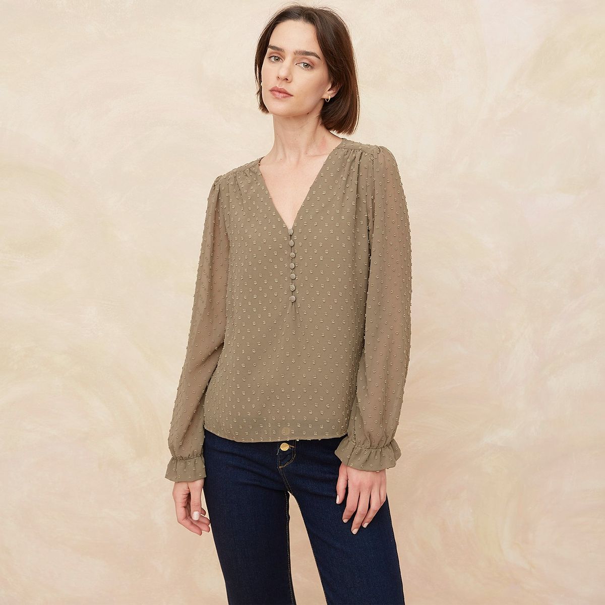 ELLE - Blusa Manga Larga Casual Mujer Elle