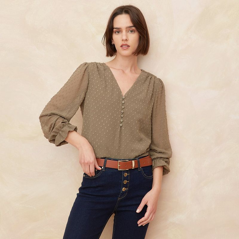 ELLE - Blusa Manga Larga Casual Mujer Elle