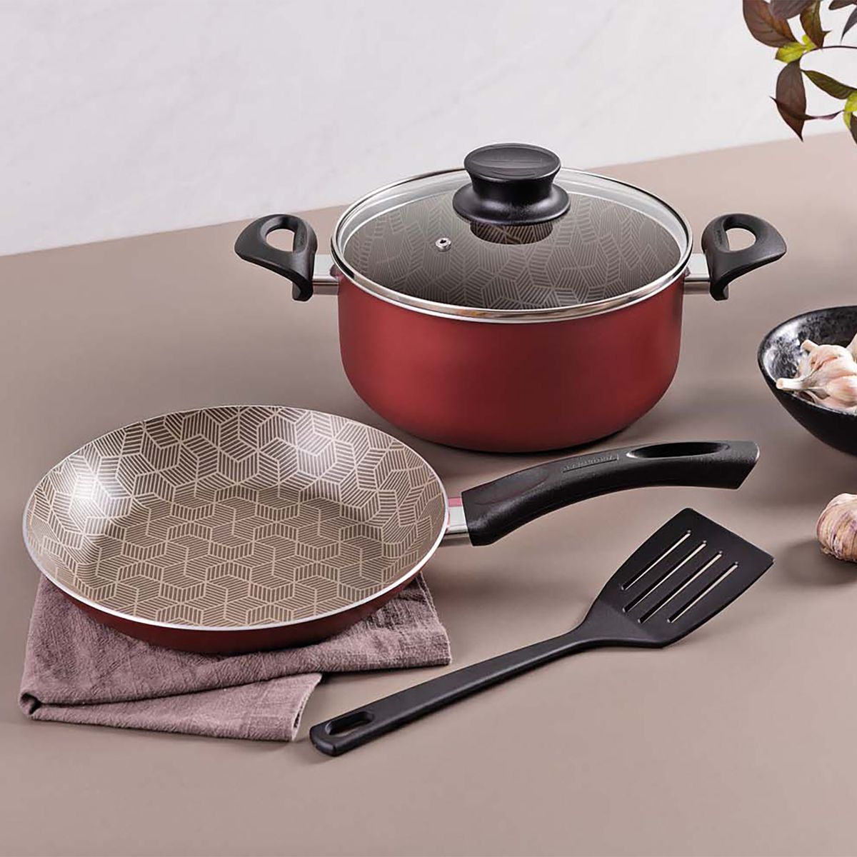 TRAMONTINA - Set Olla 22 Cm Con Sartén 24 Cm Y Espátula