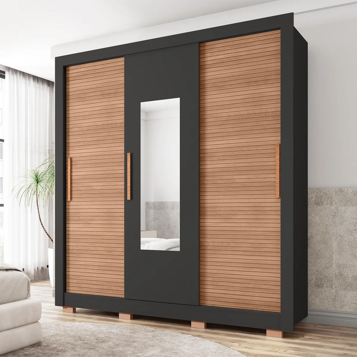 MICA - Ropero Perú 3 Puertas Corredizas 2 Cajones Con Espejo