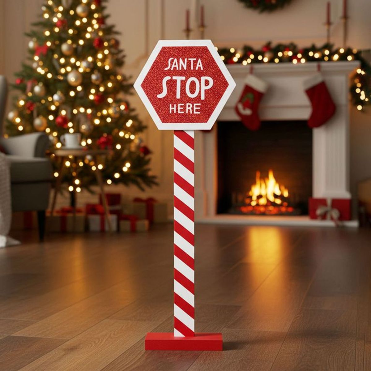 MICA - Adorno Navideño Letrero Santa Stop Rojo 58cm