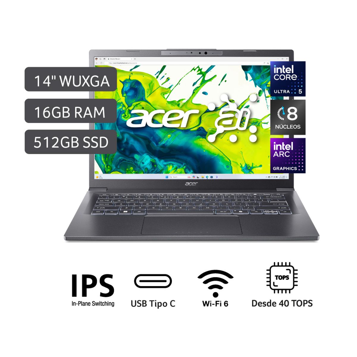 ACER - Laptop Acer Intel Core Ultra 5 16gb 512gb 14" Wuxga Intel Arc 130v Gpu