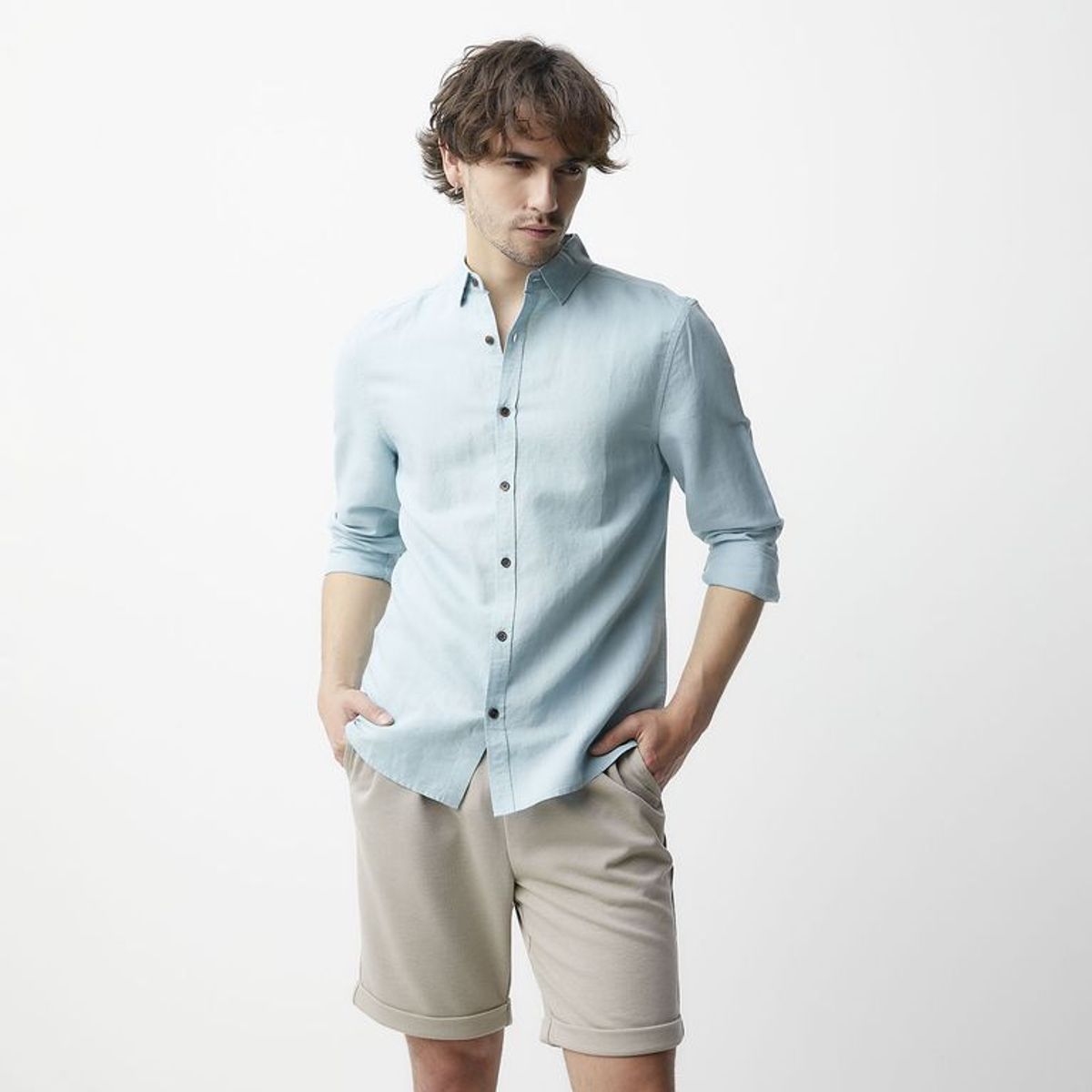 BASEMENT - Camisa Lino Casual Hombre Basement