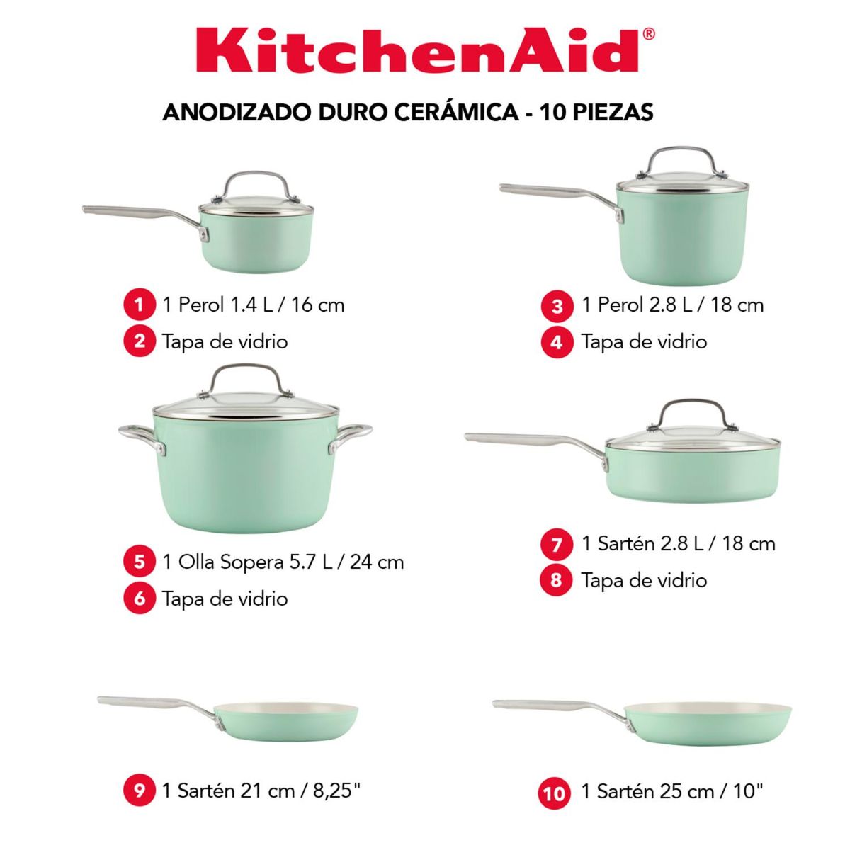 KITCHENAID - Juego de Ollas 10 Piezas Cerámica Pistacho