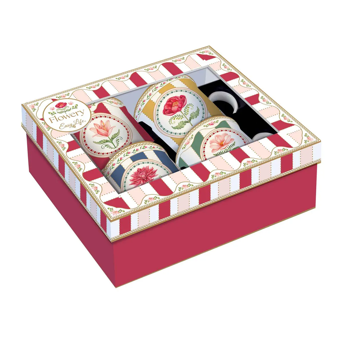 EASY LIFE - Set x4 Tazas con Caja de Regalo Flowery 300 ml