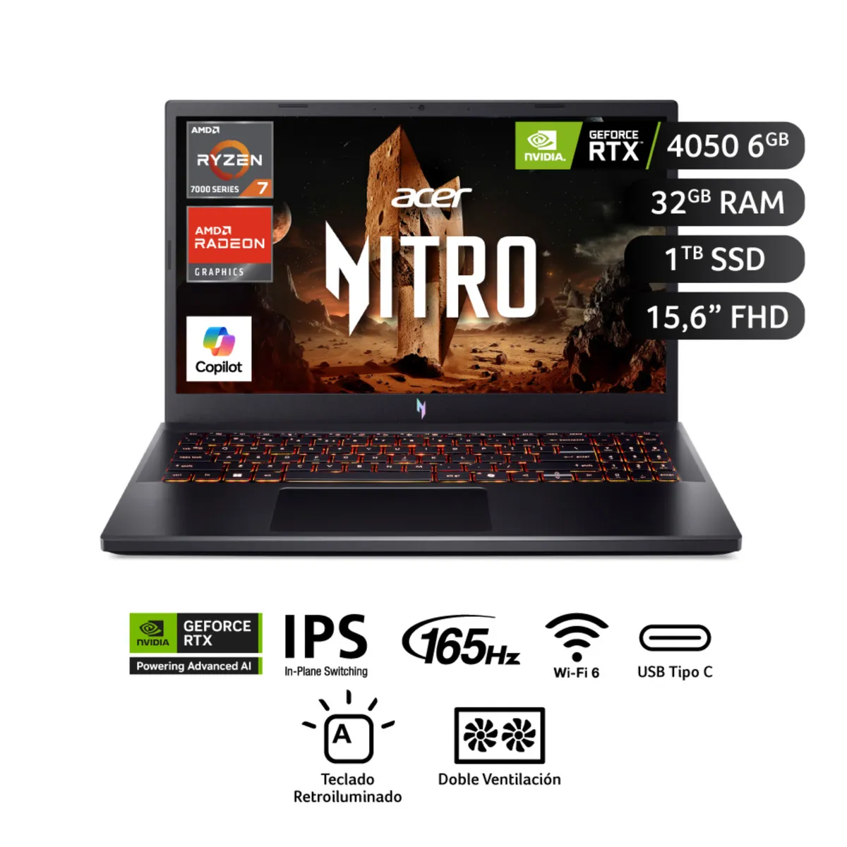 ACER - Laptop Acer Nitro V 15 Amd Ryzen¿ 7 7445hs 32 Gb 1 Tb Ssd Nvidia® Geforce Rtx¿ 4050 Fhd (1920 X 1080)