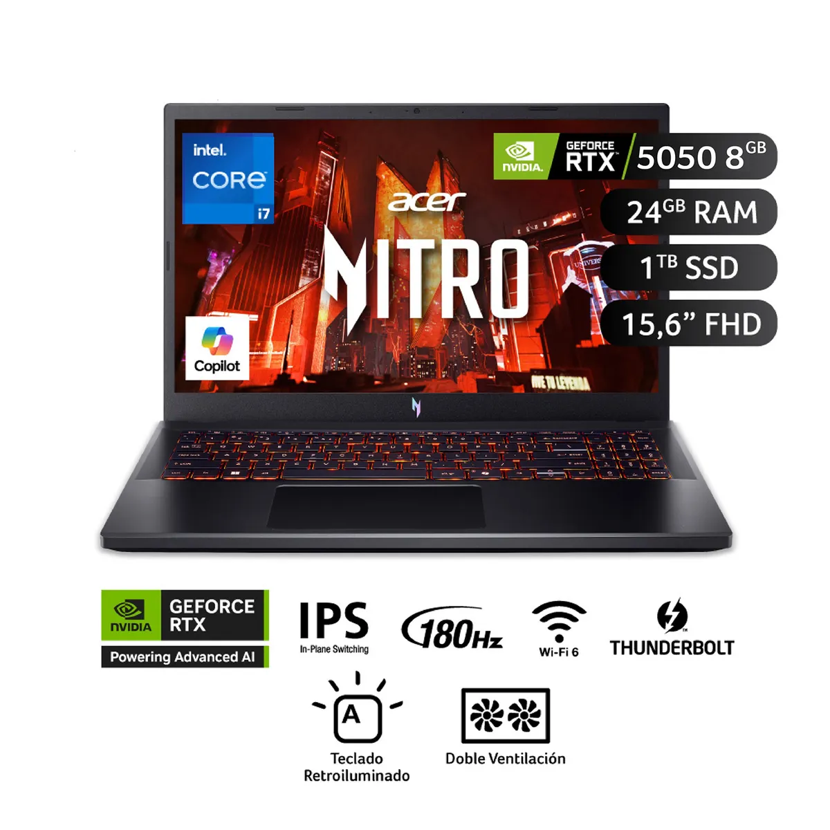 ACER - Laptop Gamer Nitro V  Intel Core I7-13620H RTX 5050 24GB RAM 1 Tb SSD 15.6 Fhd (1920 X 1080) 180Hz Nvidia Geforce