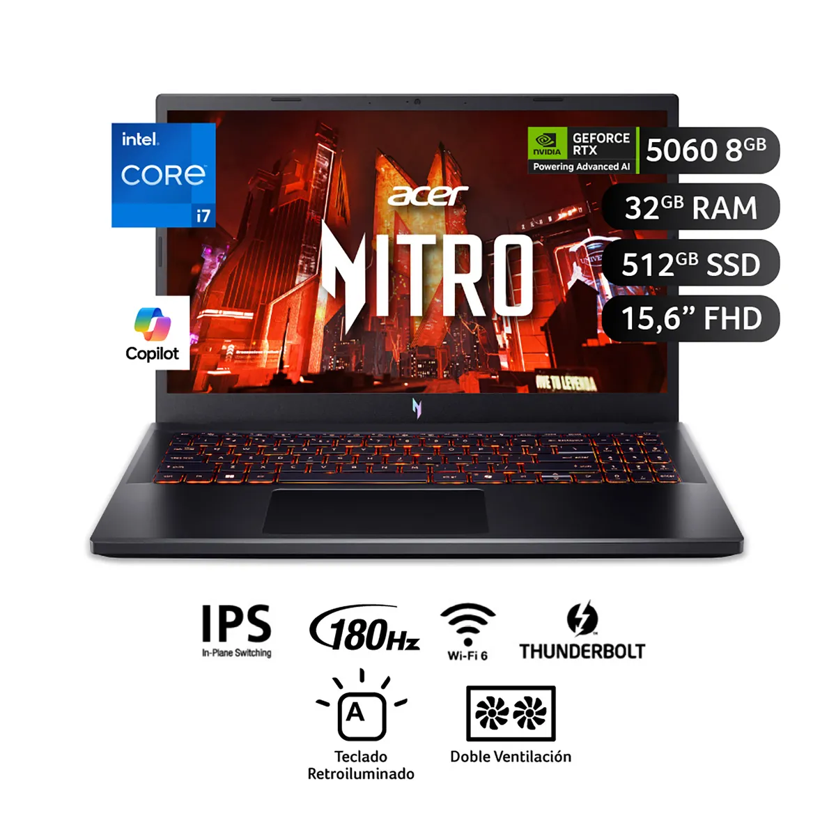 ACER - Laptop Gamer Nitro V  Intel Core I7-13620H Rtx 5060 32GB RAM 512 GB SSD 15.6" Fhd (1920 X 1080) 180Hz Nvidia Geforce