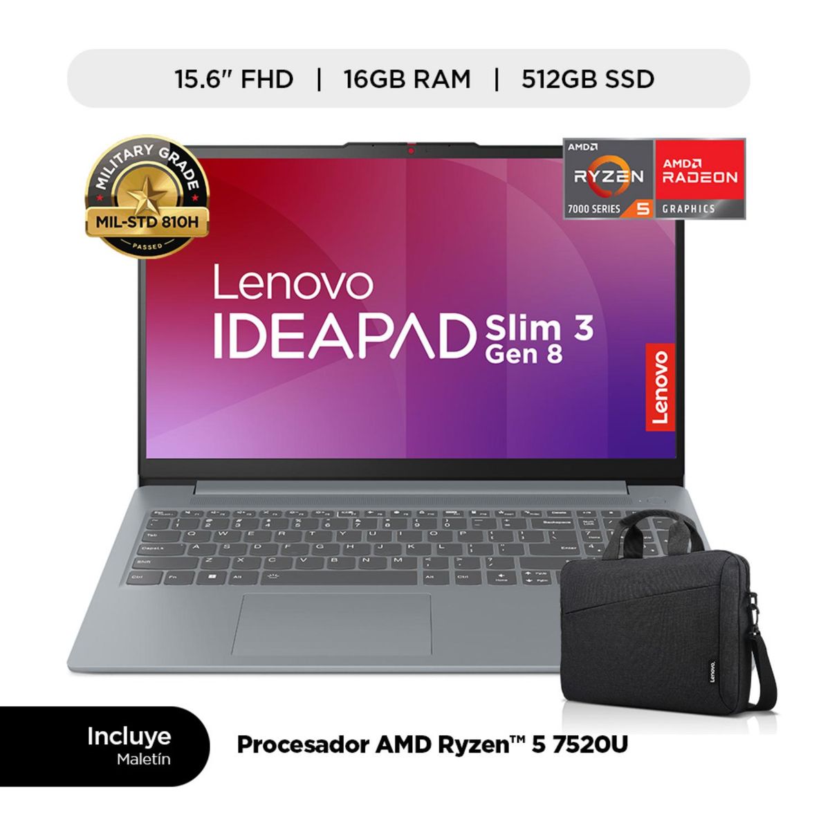 LENOVO - Laptop Lenovo Ideapad Slim 3 serie 7000 AMD Ryzen 5 16GB RAM 512GB SSD 15.6" FHD