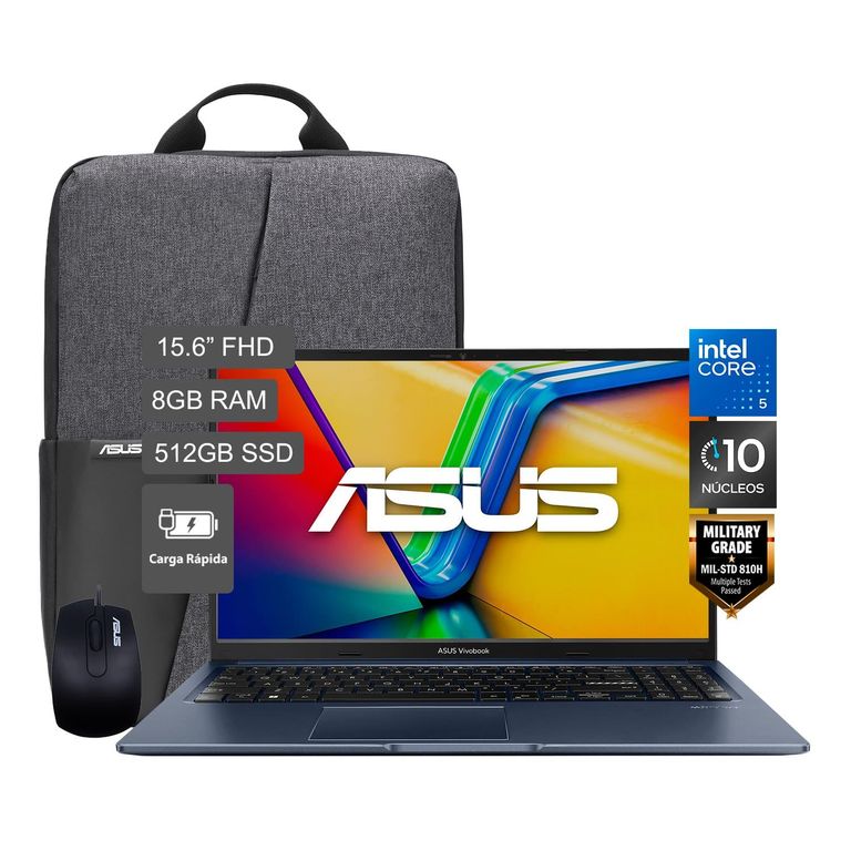 Laptop Asus Vivobook 15 Intel Core 5 120u 8gb 512ssd 15.6" Fhd + Mochila + Mouse