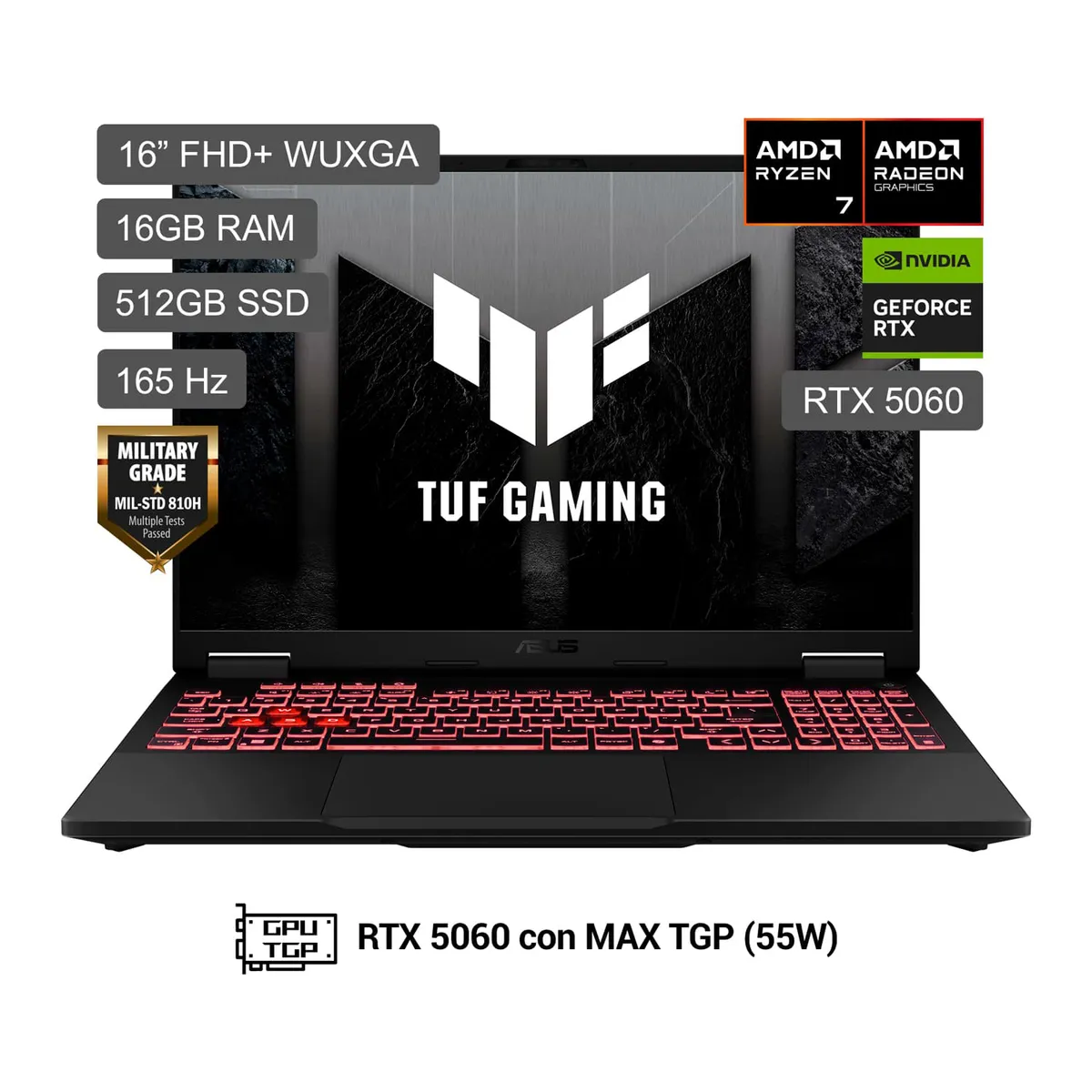 ASUS - Laptop TUF Gaming A16 AMD Ryzen 7 260 16GB 512SSD RTX5060 16" FHD+