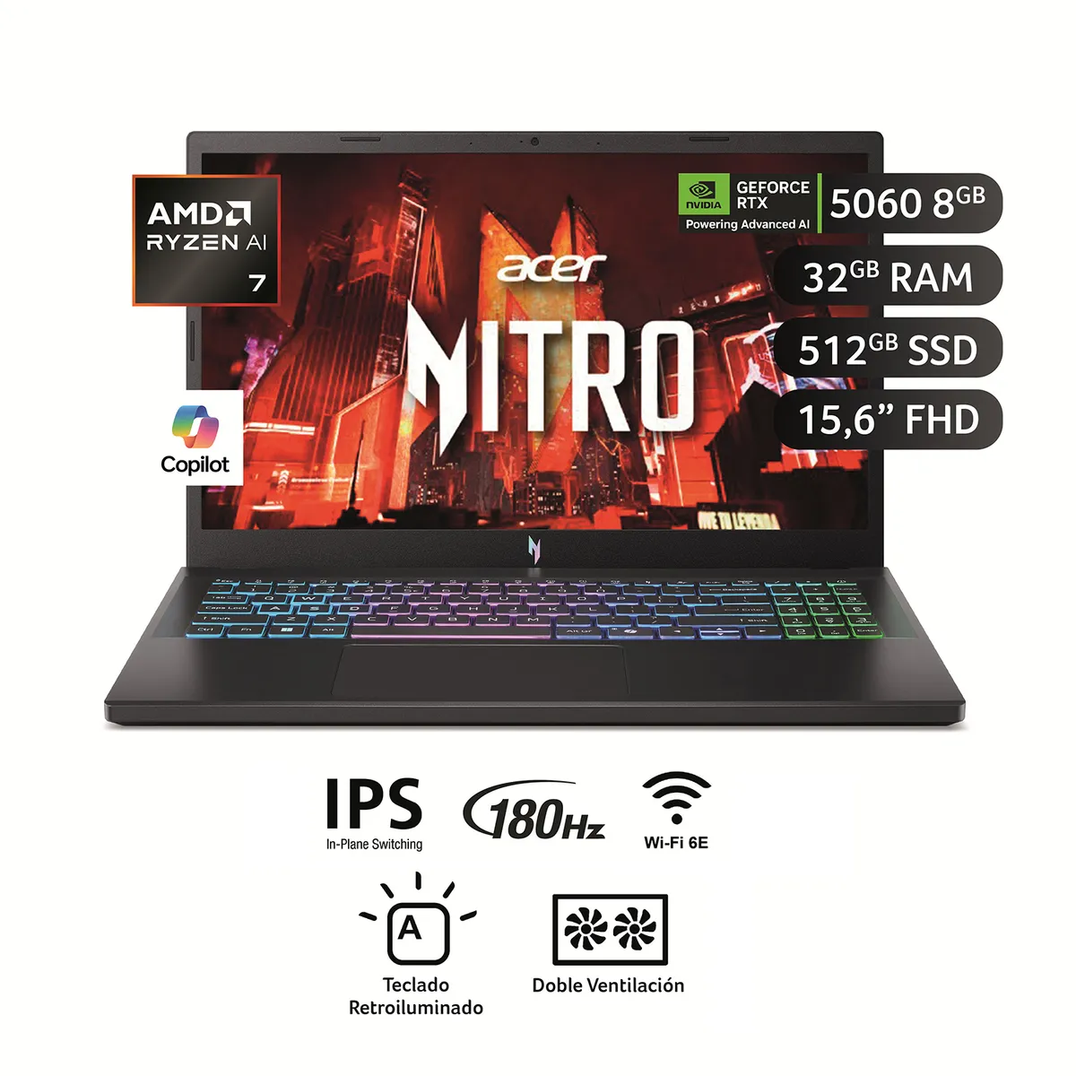 ACER - Laptop Gamer Nitro V AMD Ryzen 7-170 32GB 32GB 15.6" 180Hz FHD NVIDIA GeForce RTX 5060