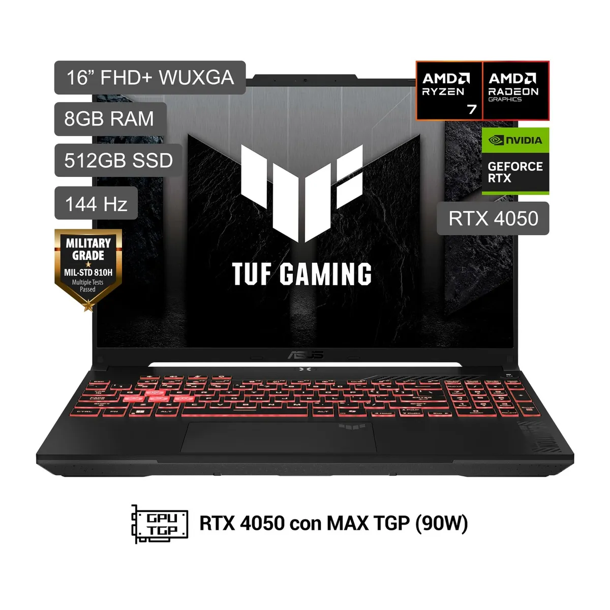 ASUS - Laptop Gamer Asus TUF A16 Ryzen 7 170 8GB RAM 512GB SSD RTX 4050 16" FHD+ Mochila