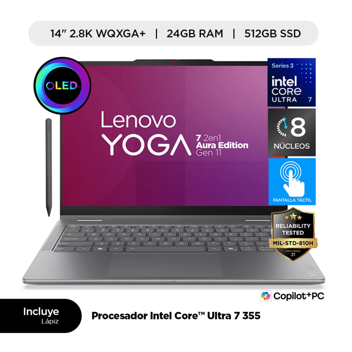 LENOVO - Laptop IA Lenovo Yoga 7i 2 en 1 Aura Edition Intel Core Ultra 7 24GB RAM 512GB SSD 14" OLED touch