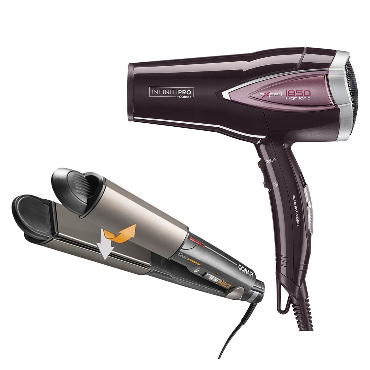 CONAIR - Combo: Secadora Expert 1850 HIGH IONIC D361PE + Alisadora Profesional Ceramica 2 en 1 Bivoltaje