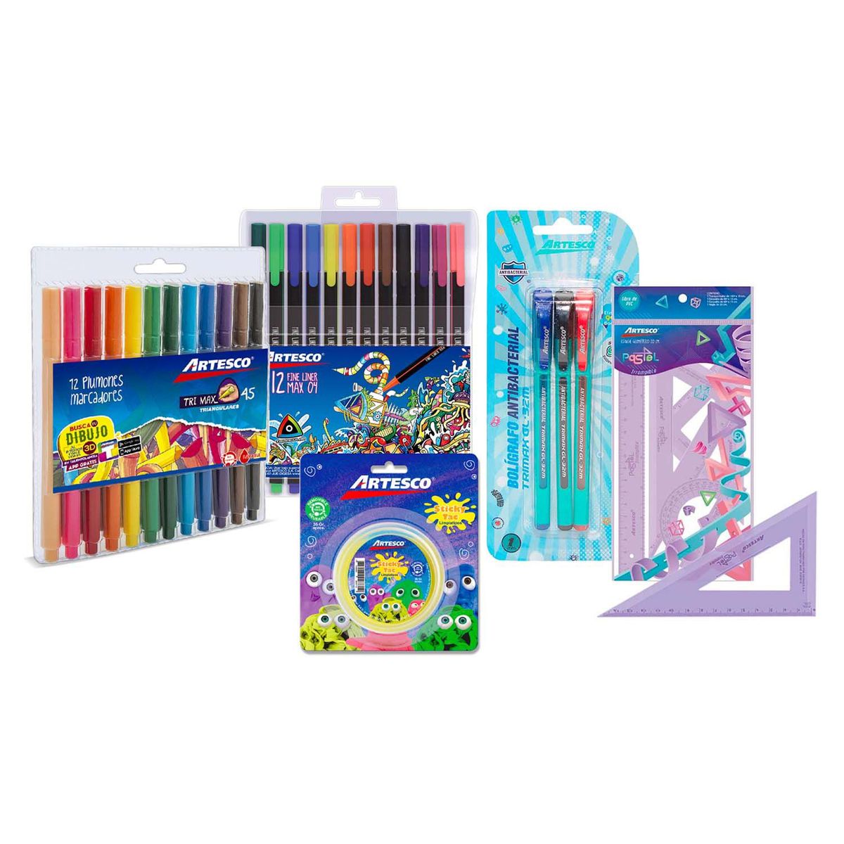 ARTESCO - Pack de Útiles Fine Liner X 12 U. + Plumones Trimax Delgados + Limpiatipo Artesco 35 Grs. + Bolígrafos Trimax Azul Rojo Negro + Estuche Geométrico 30Cm Pastel