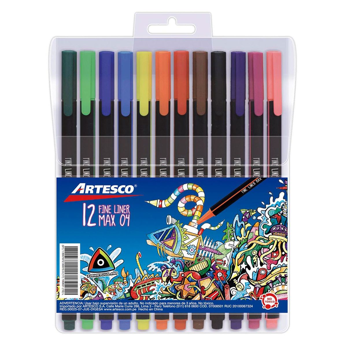 ARTESCO - Pack de Útiles Fine Liner X 12 U. + Plumones Trimax Delgados + Limpiatipo Artesco 35 Grs. + Bolígrafos Trimax Azul Rojo Negro + Estuche Geométrico 30Cm Pastel