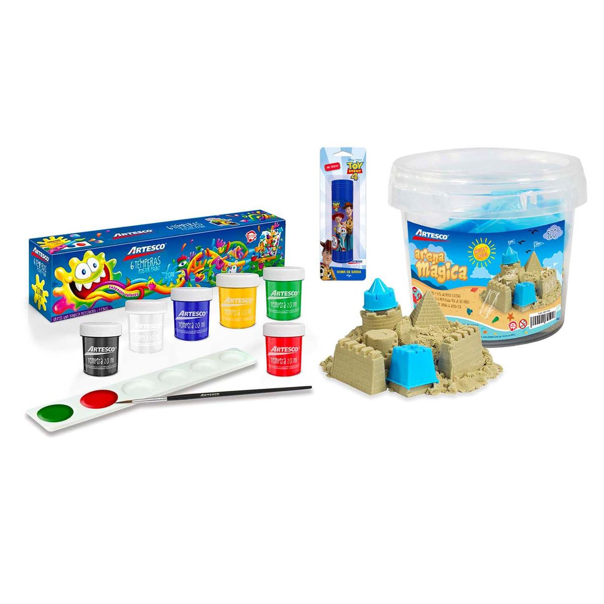 ARTESCO - Pack de Útiles Tempera Escarchada Set x6 + Goma En Barra Toy Story + Arena Magica Balde (500 Grs)