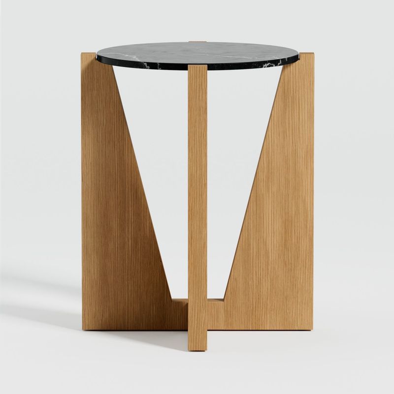 CRATE & BARREL - Mesa Lateral Miro de Mármol Negro con Estructura de Madera Natural de Roble