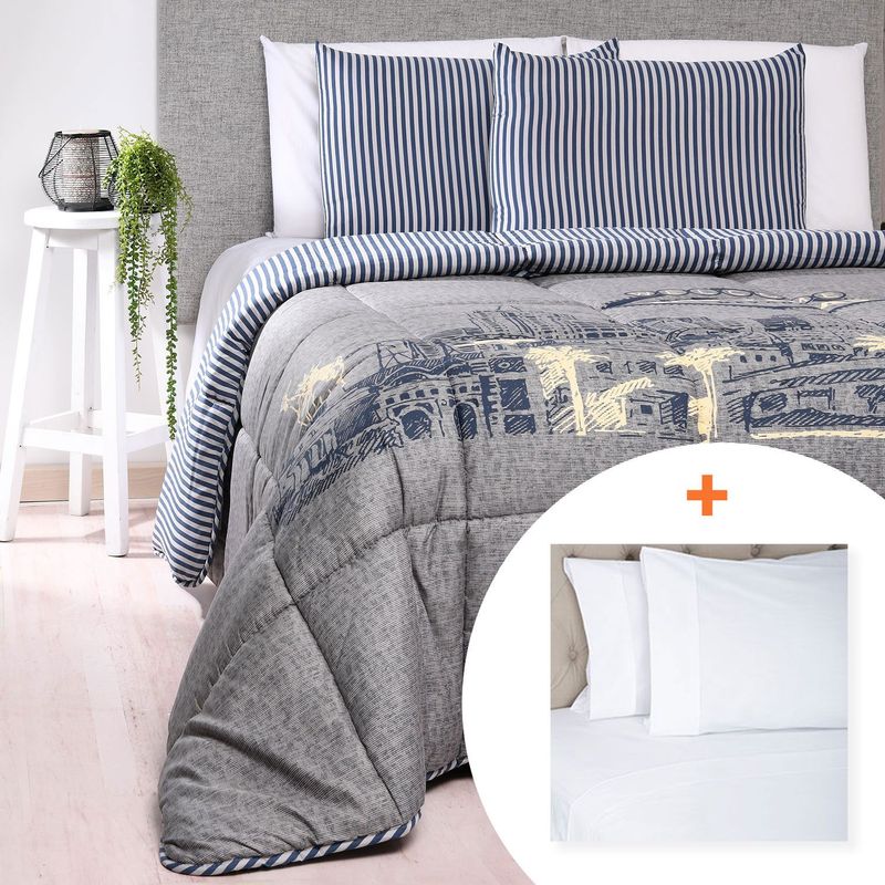 MICA - Edredón Las Vegas + Juego de Sábanas Blancas