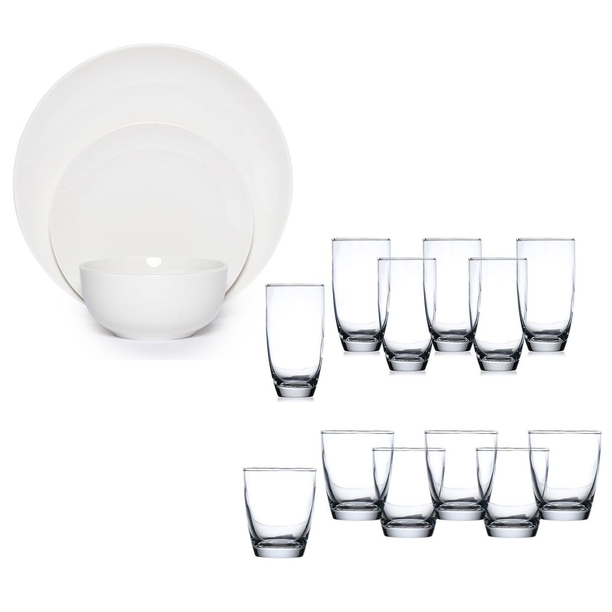 MICA - Juego de Vajillas 12 Pzas Blanco + 12 Vasos (24 Piezas)