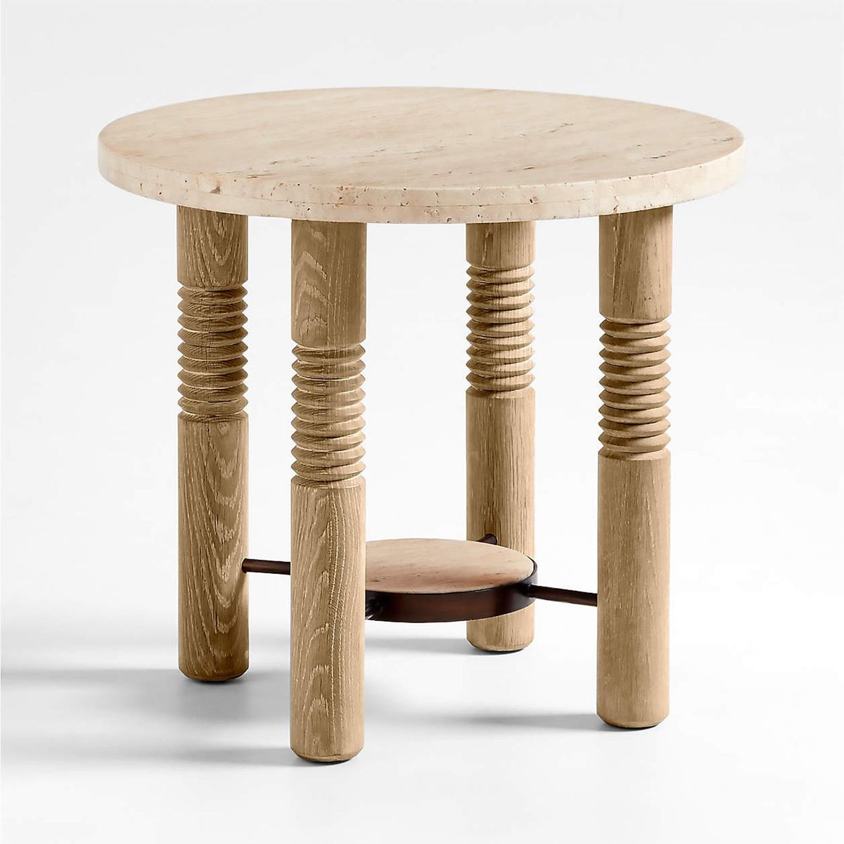 CRATE & BARREL - Mesa Auxiliar Revival Petit de Mármol Travertino con Estructura de Madera