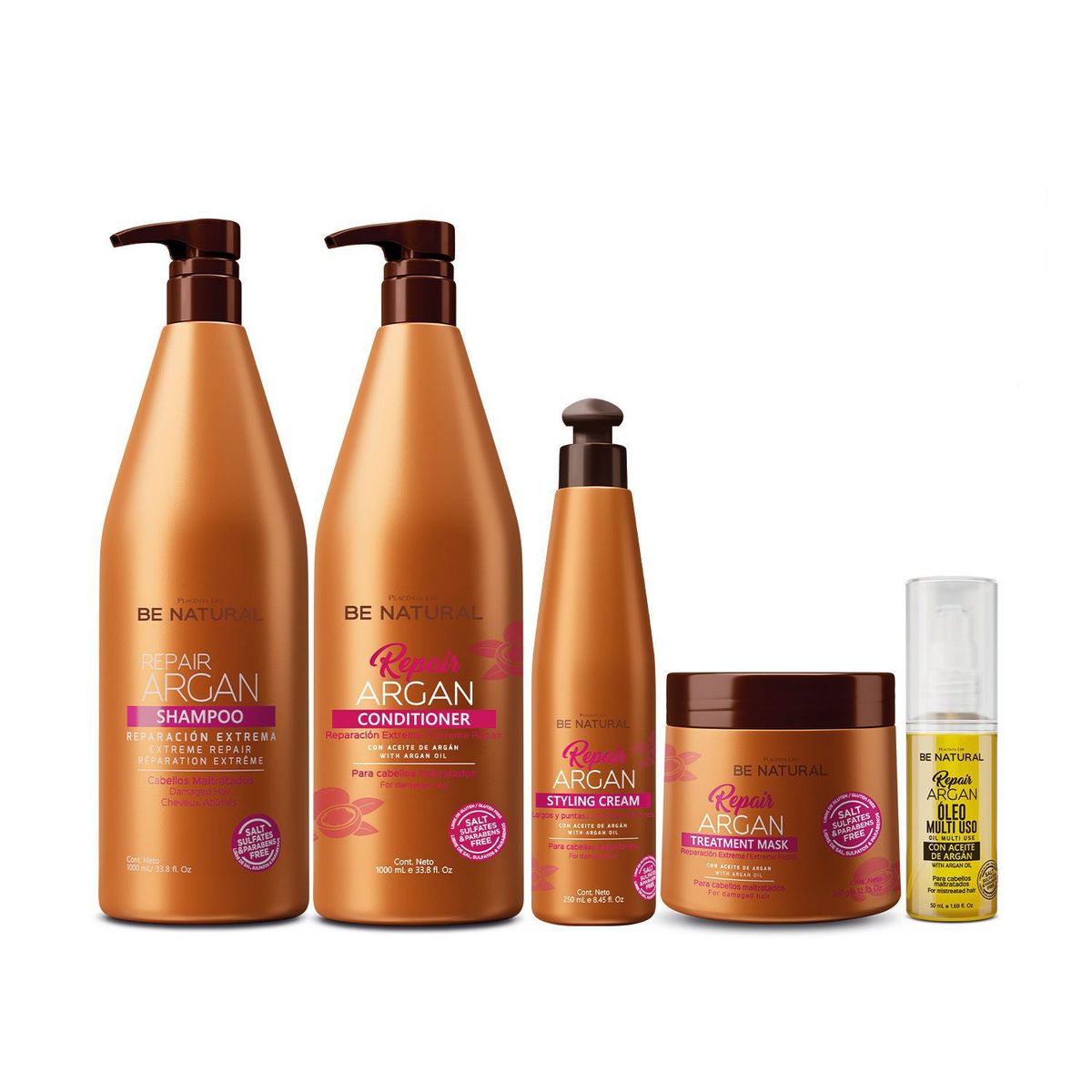 BE NATURAL - Pack Repair Argan Para Cabello Dañado 1 Litro Be Natural