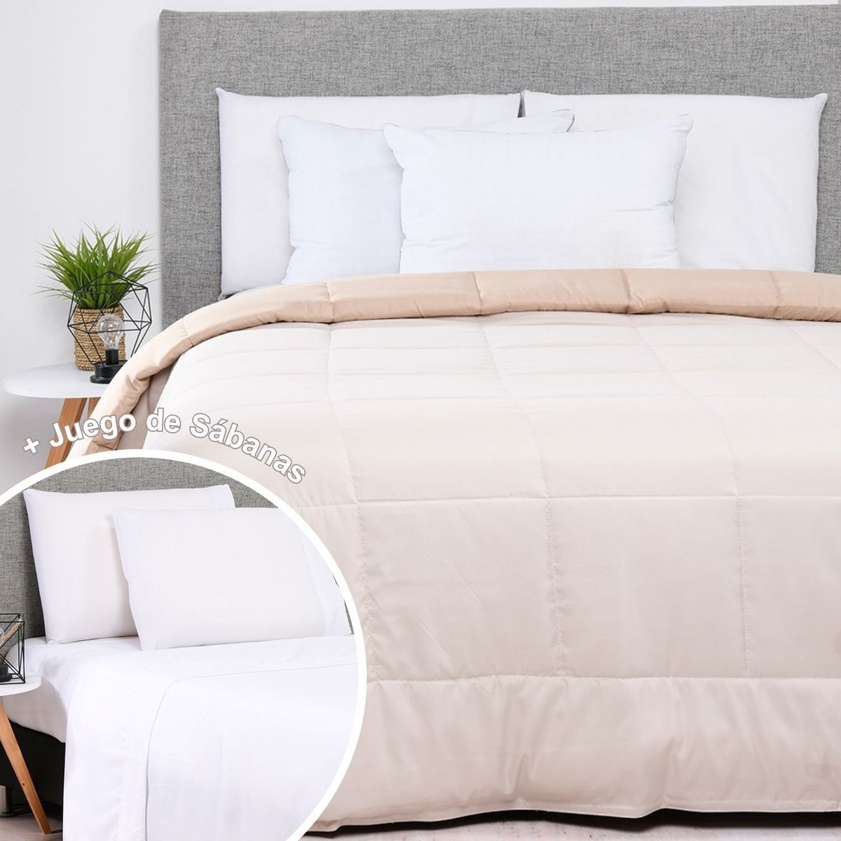 MICA - Edredón Estocolmo Ow/Bg + Juego de Sábanas Lisas 100% Algodón 180 Hilos Mica
