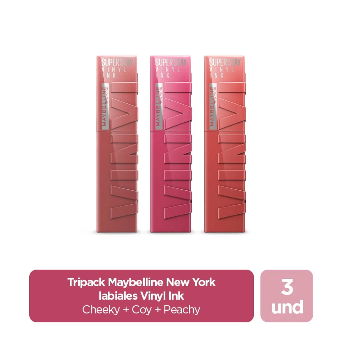 MAYBELLINE - Tripack Maybelline New York  Labiales Vinyl Ink Cheeky + Coy + Peachy