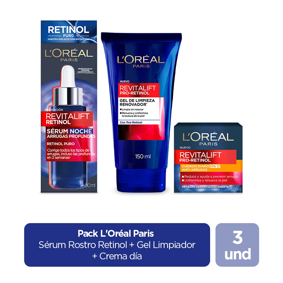 - Pack Loreal Paris Retinol Serum Rostro + Crema Día + Gel Limpiador