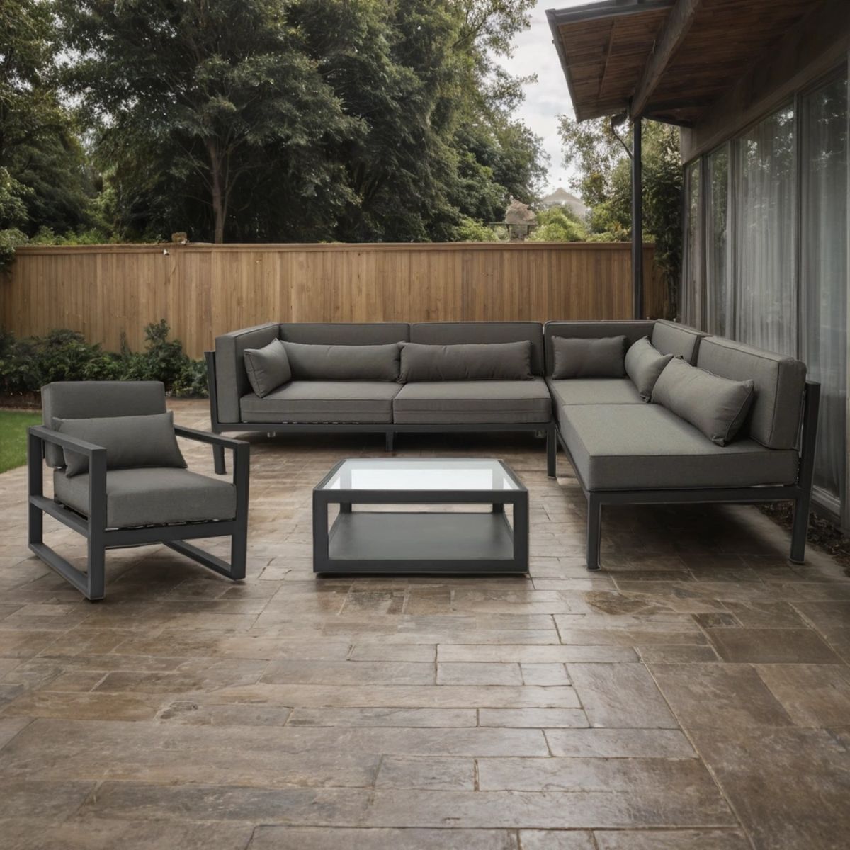 BASEMENT HOME - Juego de Sala de Terraza Monaco Negro: Seccional + Sofá 1 Cuerpo + Mesa de Centro