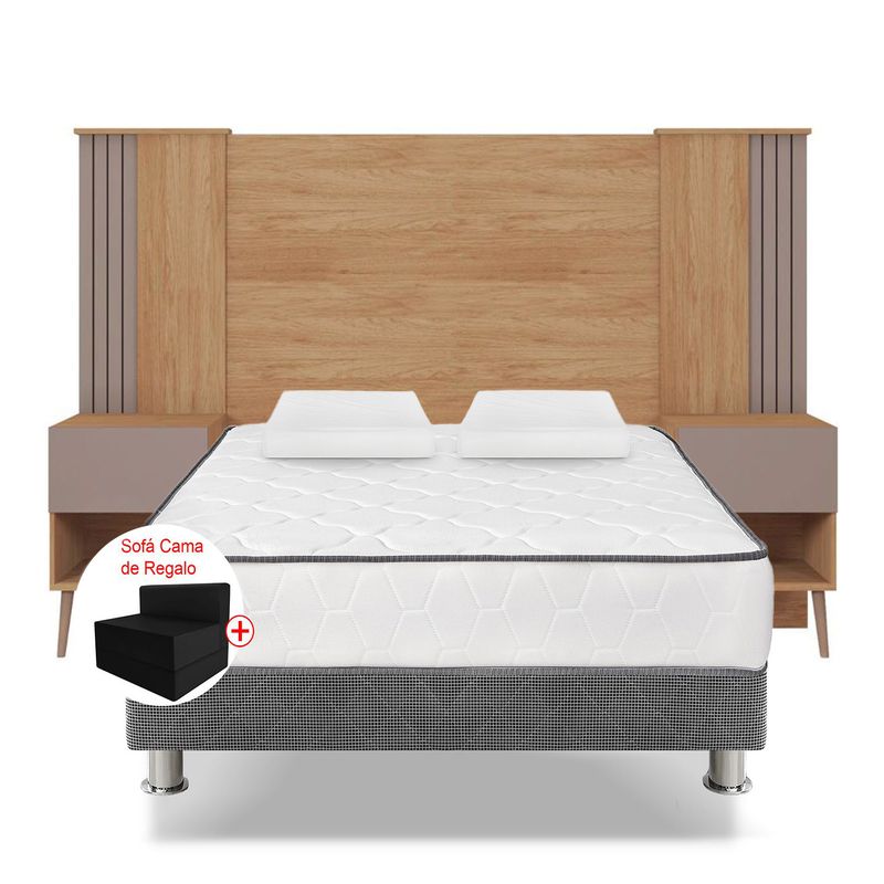 DROM - Cama Box Tarima 2plz + Sofá Cama + Cabecera +2 Veladores Nogal