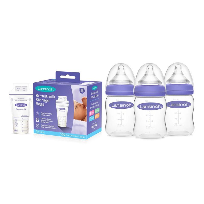 LANSINOH - Biberones 5 Onzas 3 unid + Bolsas Almacenamiento 100 unidades