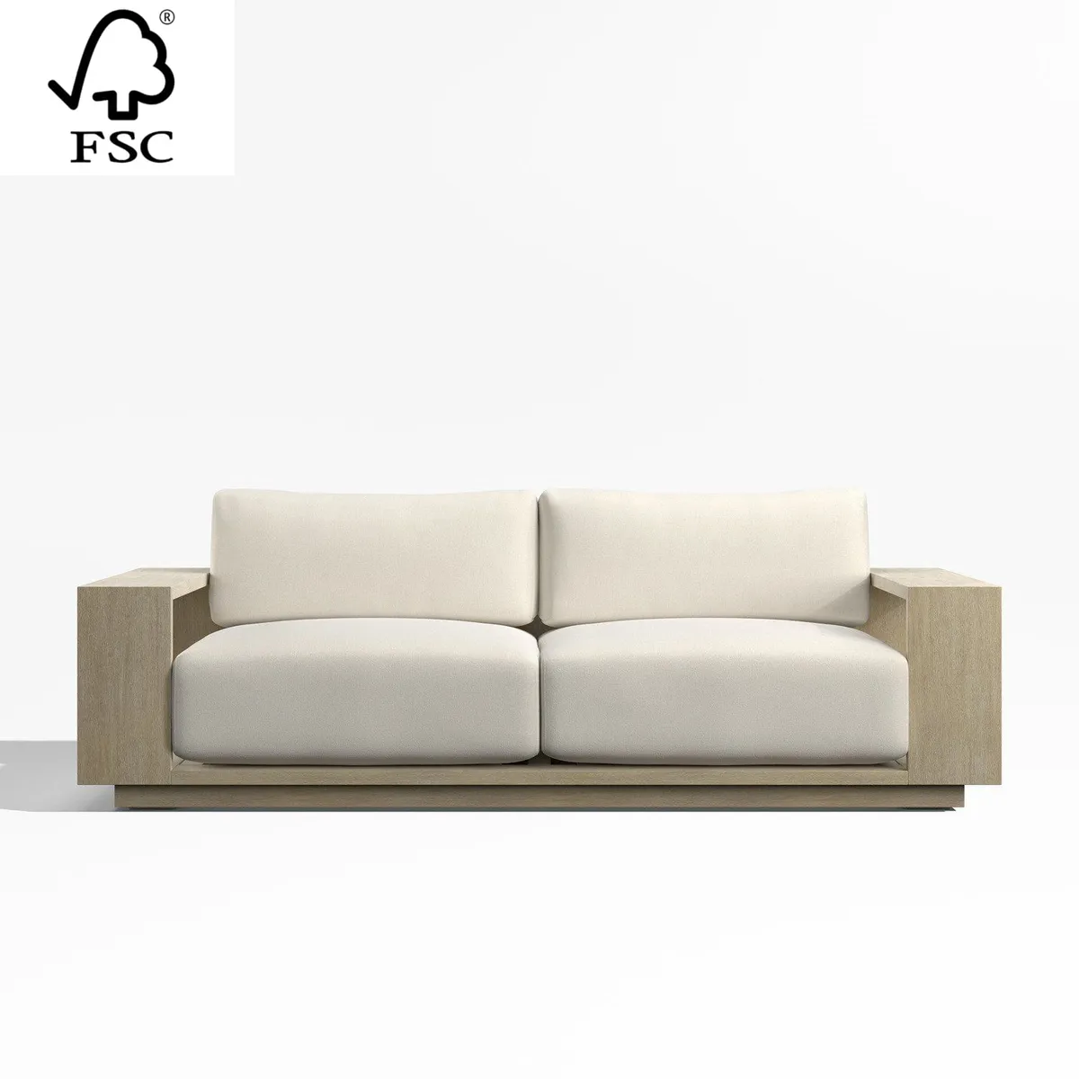 CRATE & BARREL - Sofá Mallorca De Terraza De Madera Con Cojines Marfil 216cm