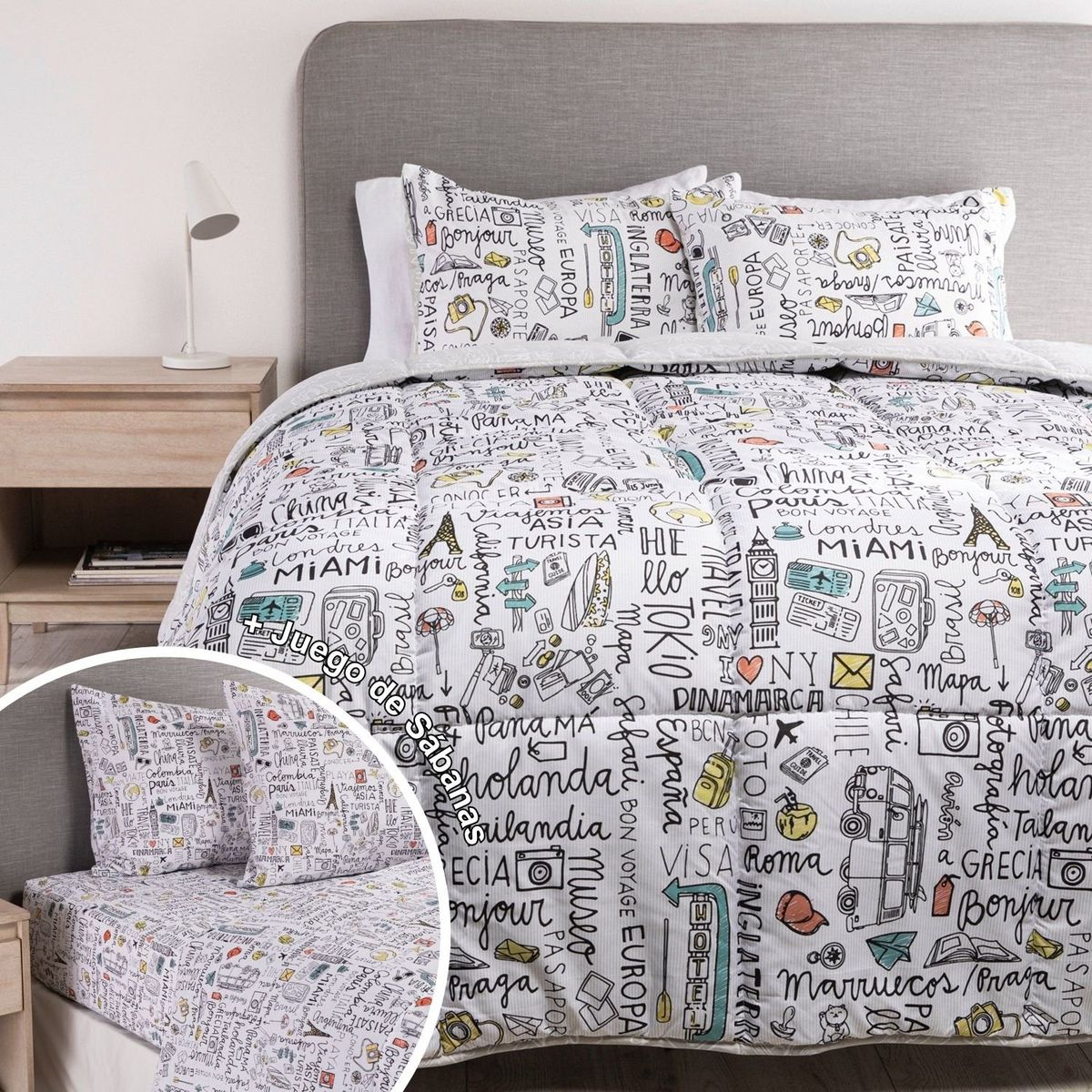 MICA - Juego de Cama: Edredón + Juego de Sábanas 180 Hilos 100% Algodón Mica