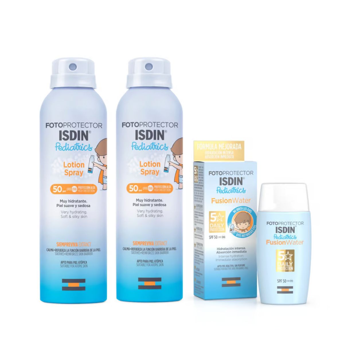 ISDIN - Pack: Fotoprotector Fusion Water Pediatrico 50 Ml  +  Duo Lotion Spray Pediatrico 250 Ml