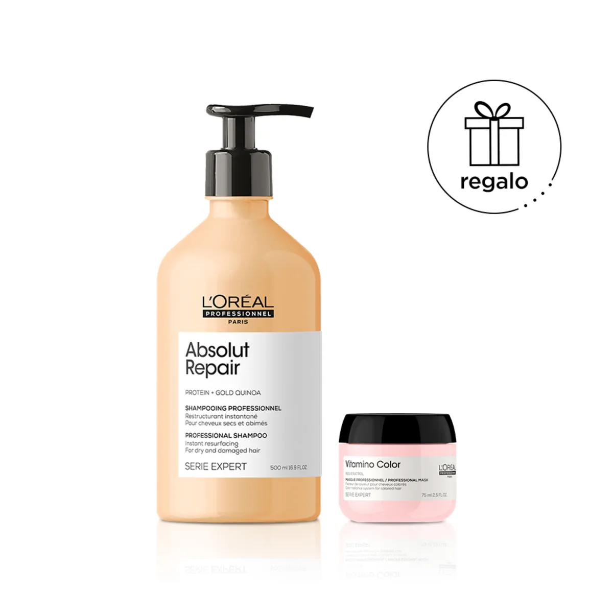 LOREAL PROFESSIONNEL - Shampoo Absolut Repair 500 ml para cabello dañado +  Mascarilla Vitamino Color 75 ml