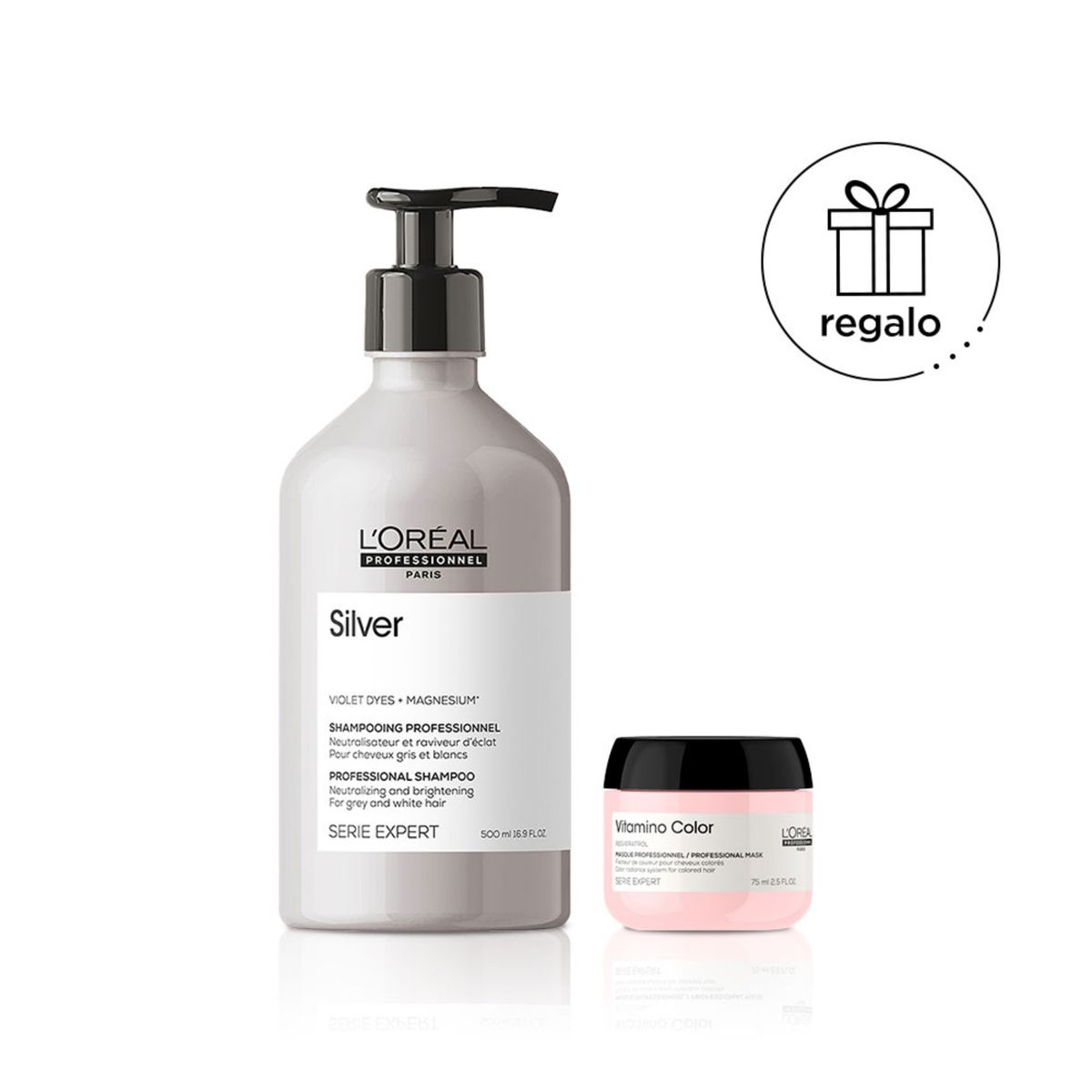 LOREAL PROFESSIONNEL - Shampoo Silver 500 ml para cabellos blancos o grises  + Mascarilla Vitamino Color 75 ml