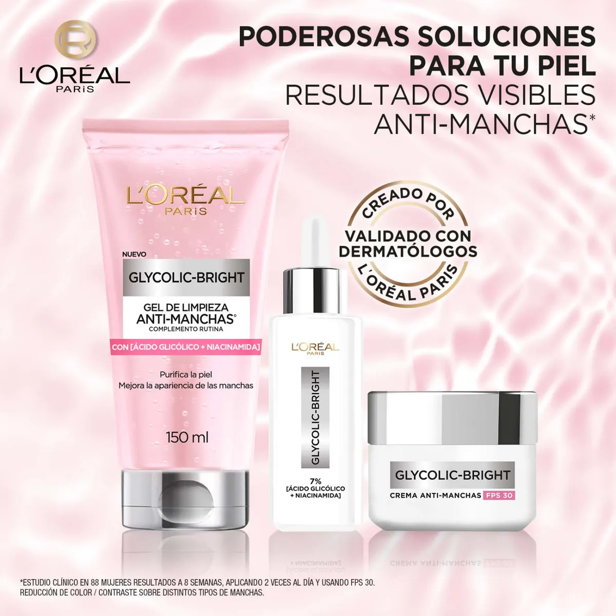 LOREAL PARIS - Pack L'oreal Paris Ácido Glicólico Serúm + Crema Día + Gel Limpiador