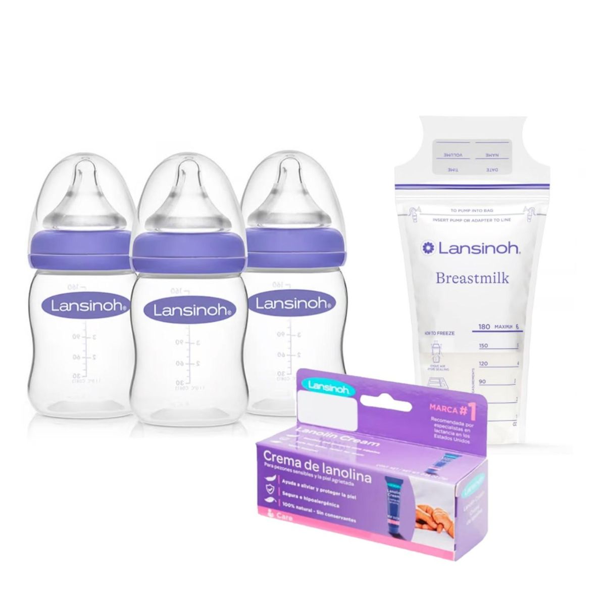 LANSINOH - Pack Biberon 5oz 3 Unid + Bolsas De Almacenamiento X200 Unid + Lanolina 40 Gr