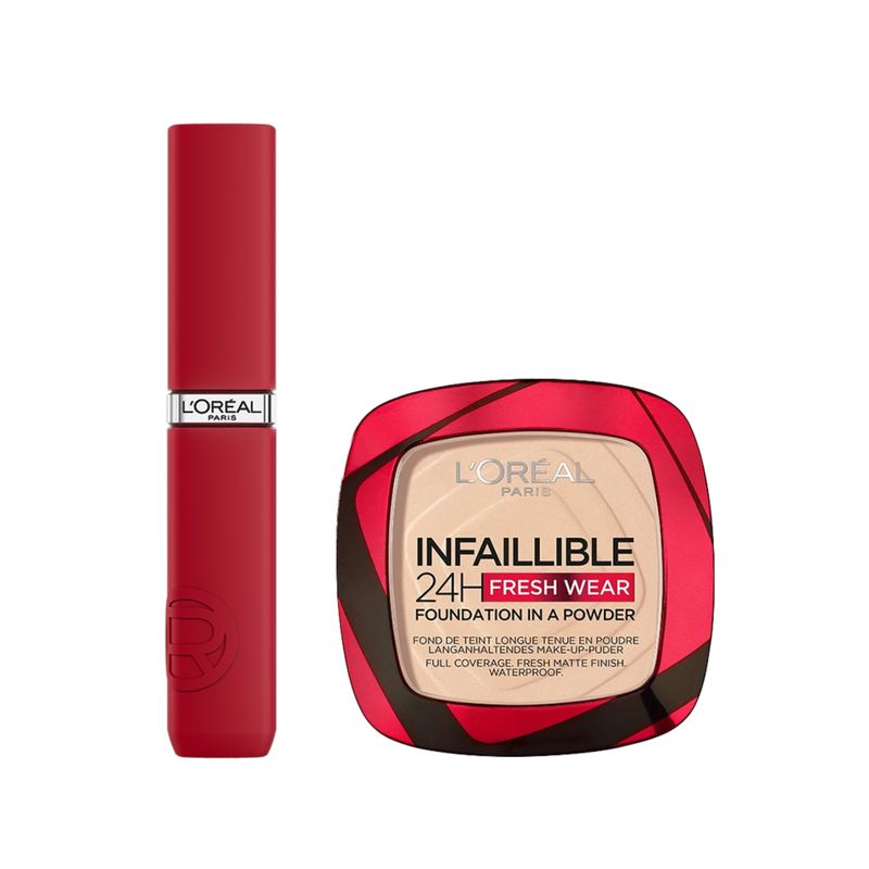 LOREAL PARIS - Pack Labial Infallible Matte Le Rouge Paris + Polvos Infallible Ivory Buff