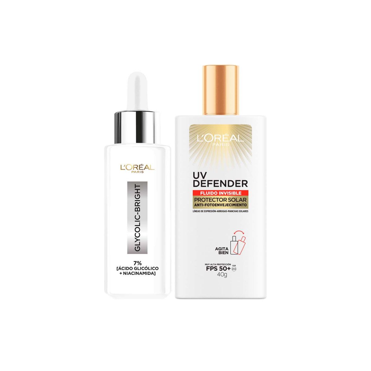 LOREAL PARIS - Pack Serum Ácido Glicólico + Protector Solar Uv Defender Fluido 