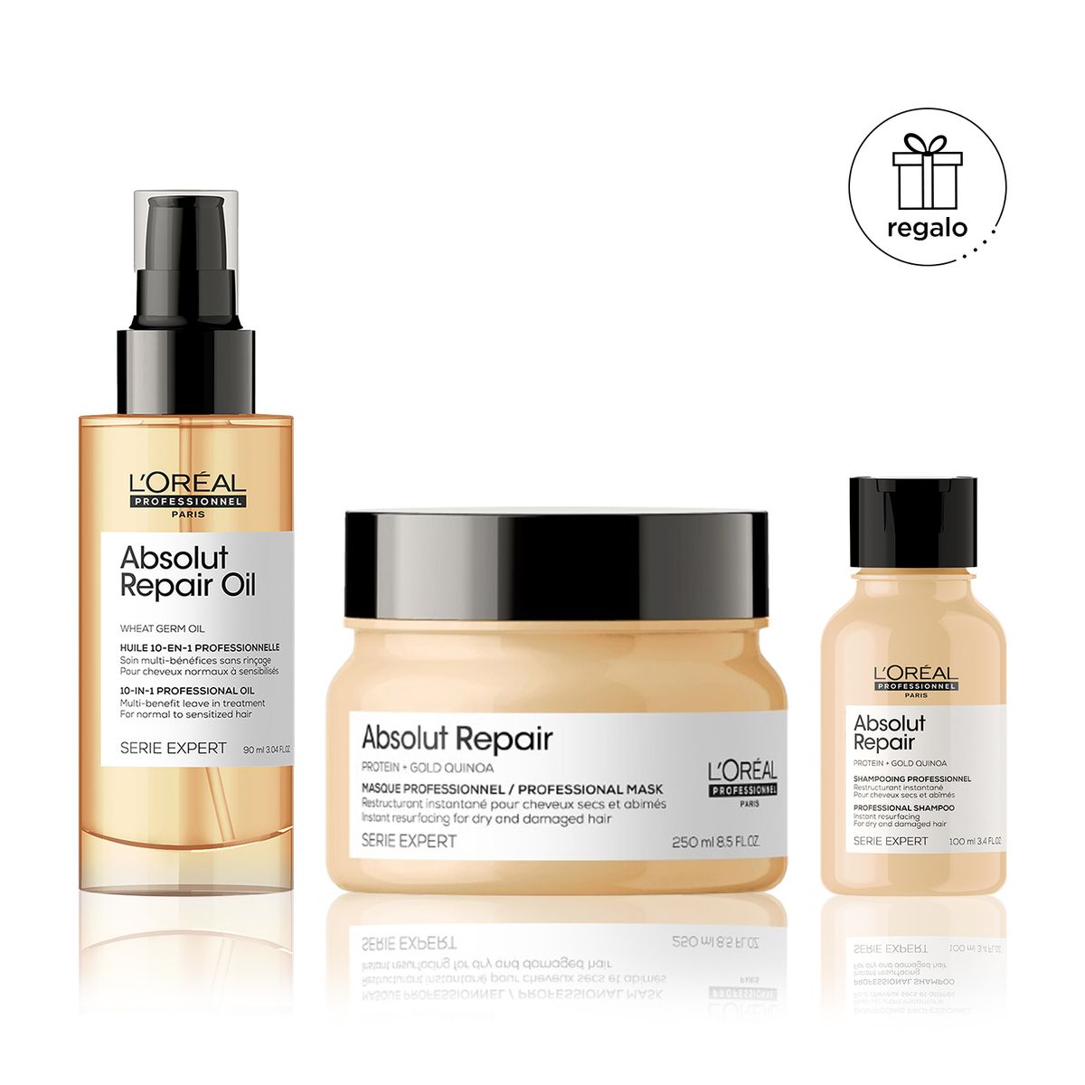 LOREAL PROFESSIONNEL - Set Loreal Professionnel Absolut Repair Para Cabello Dañado: Aceite 90 Ml + Mascarilla 250 Ml + Regalo Shampoo 100 Ml