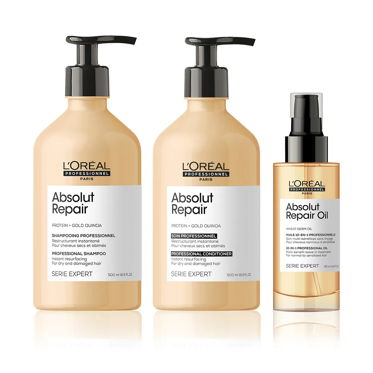 LOREAL PROFESSIONNEL - Set Loreal Professionnel Absolut Repair Para Cabello Dañado: Shampoo 500 Ml + Acondicionador 500 Ml + Aceite 90 Ml