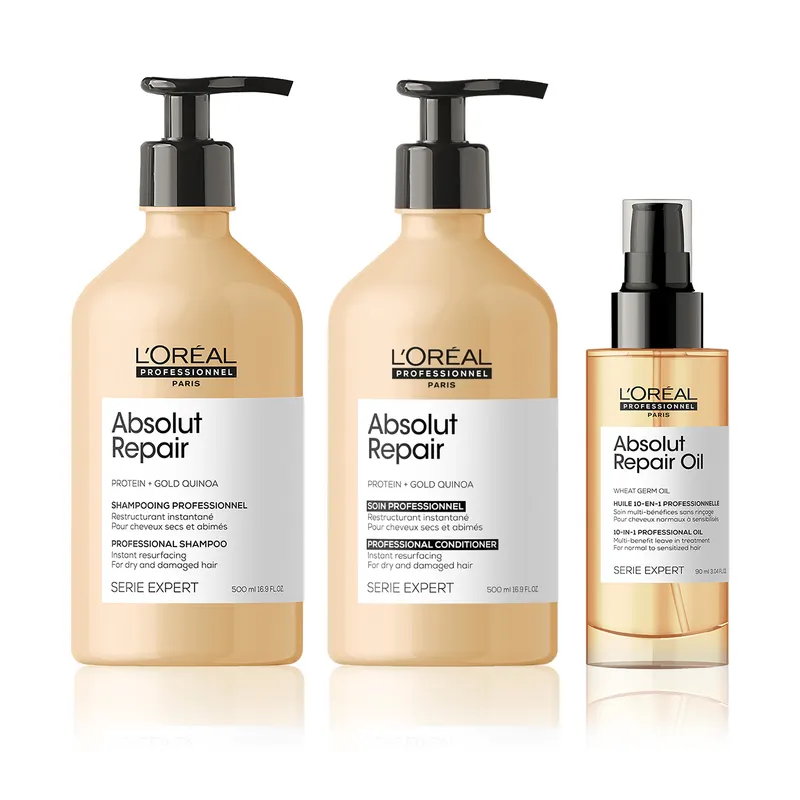 LOREAL PROFESSIONNEL - Set Loreal Professionnel Absolut Repair Para Cabello Dañado: Shampoo 500 Ml + Acondicionador 500 Ml + Aceite 90 Ml