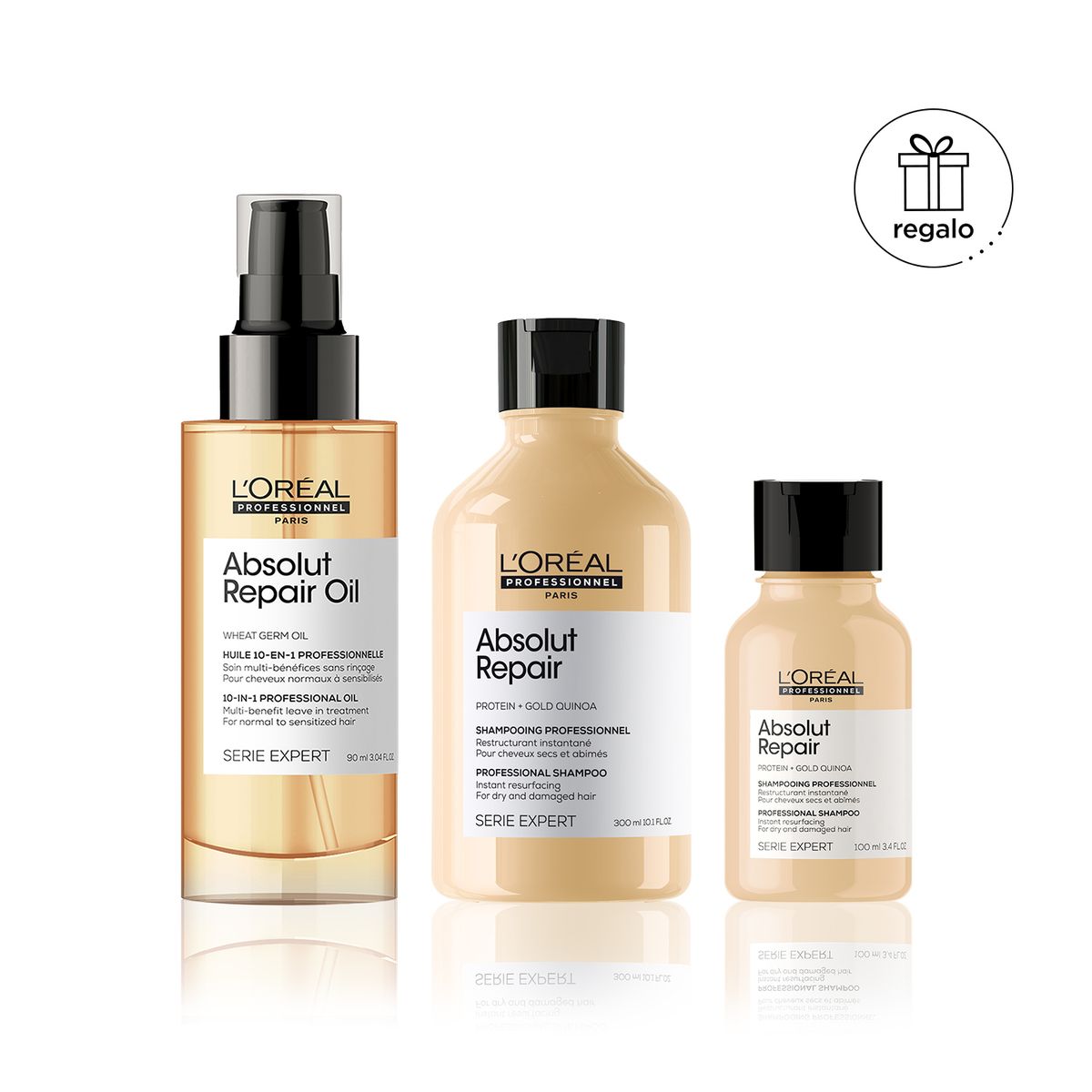 LOREAL PROFESSIONNEL - Set Loreal Professionnel Absolut Repair Para Cabello Dañado: Aceite 90 Ml + Shampoo 300 Ml + Regalo Shampoo 100 Ml 