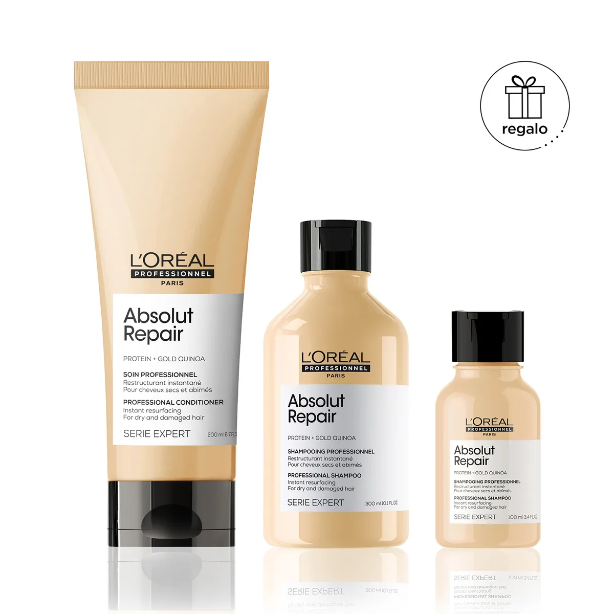 LOREAL PROFESSIONNEL - Set Loreal Professionnel Absolut Repair Para Cabello Dañado: Shampoo 300 Ml + Acondicionador 200 Ml + Regalo Shampoo 100 Ml
