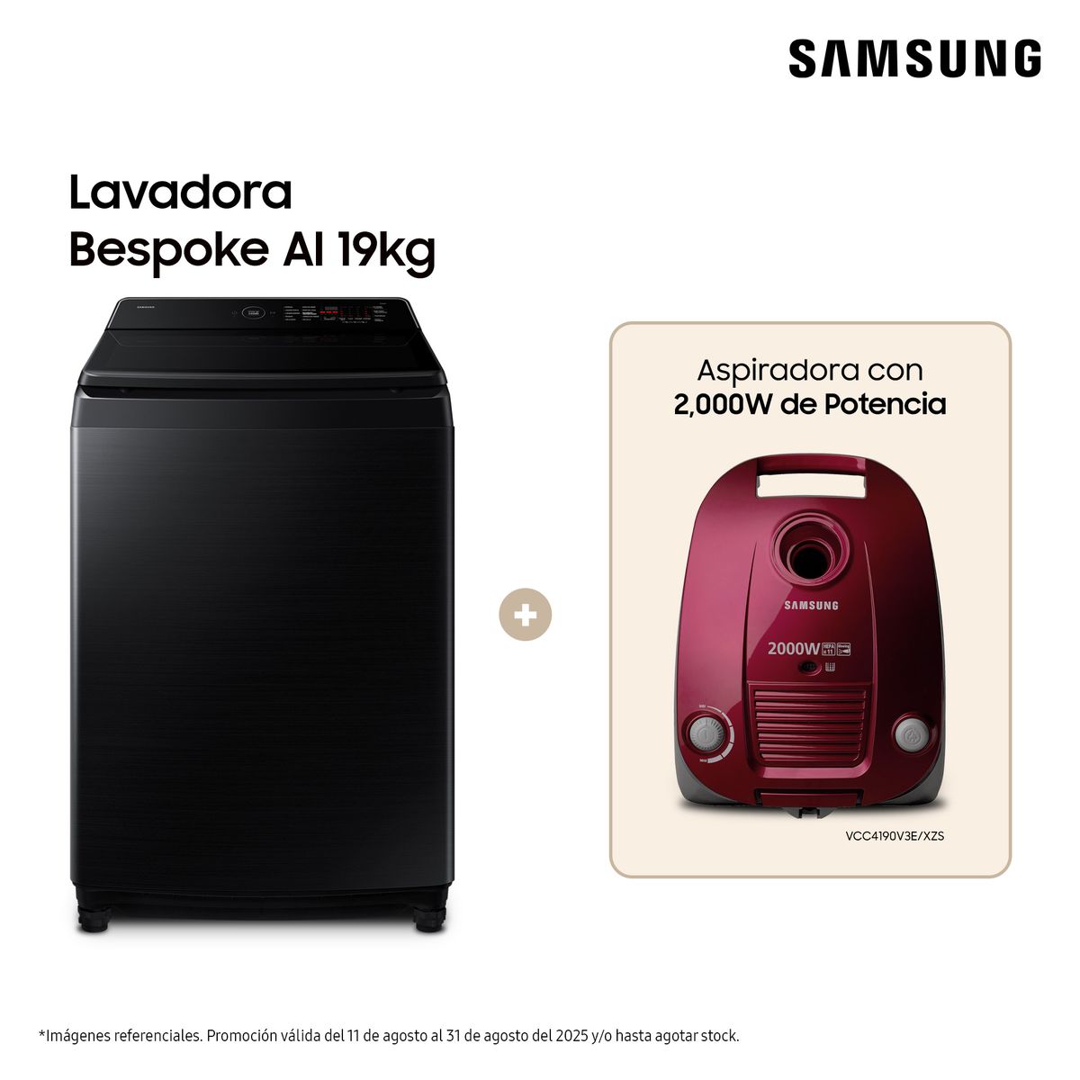 SAMSUNG - Lavadora Negra AI Wash Ecobubble 19KG + Aspiradora de arrastre Rojo 2000W